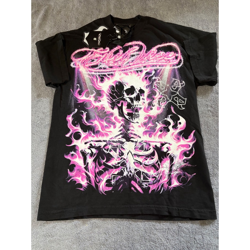 Evil‎ Vice Flaming Skull Graphic T-Shirt Black Pink Purple Streetwear Mens L